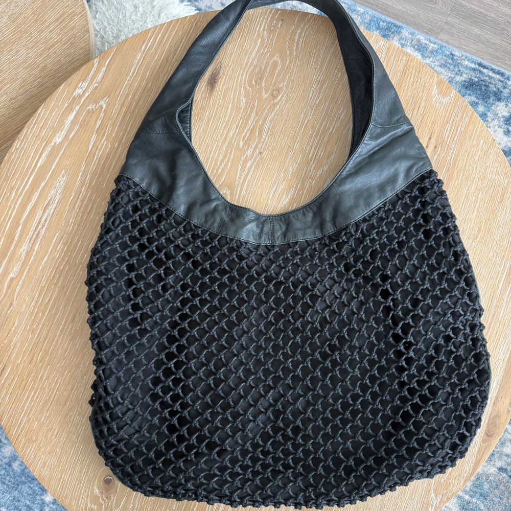 Black Woven Shoulder Bag with Leather Trim